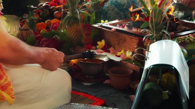 Flowers and fruits for offering at the Yagya fire ceremony hindu