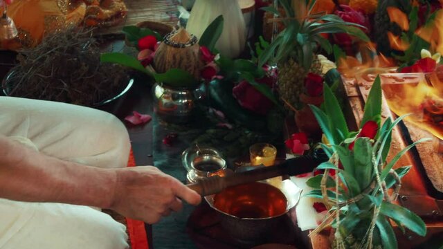 Flowers and fruits for offering at the Yagya fire ceremony hindu