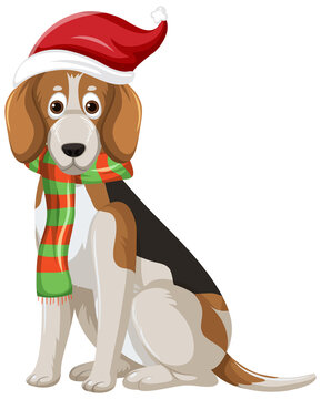 Beagle dog wearing christmas hat cartoon character