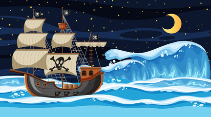 Ocean scene at night with Pirate ship in cartoon style