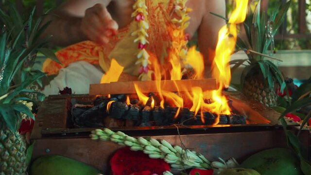 Flowers and fruits for offering at the Yagya fire ceremony hindu
