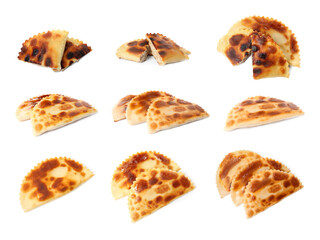 Set with delicious fried chebureki on white background
