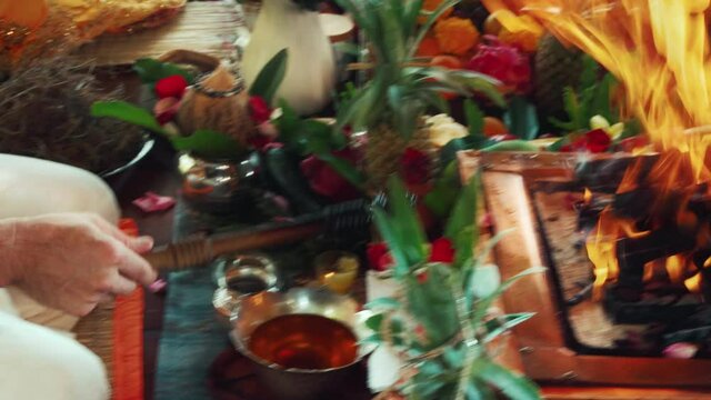 Flowers and fruits for offering at the Yagya fire ceremony hindu