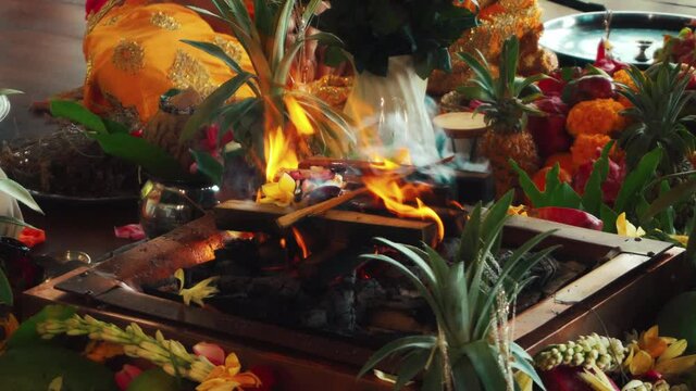 Flowers and fruits for offering at the Yagya fire ceremony hindu