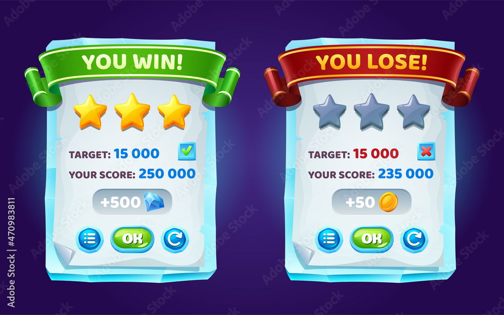 Poster game ui interface boards with level score, win and lose banners with golden stars and buttons. vecto