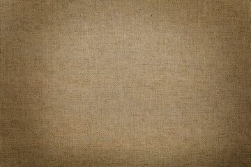 Fototapeta na wymiar Texture of natural burlap fabric as background, top view. Vignette effect