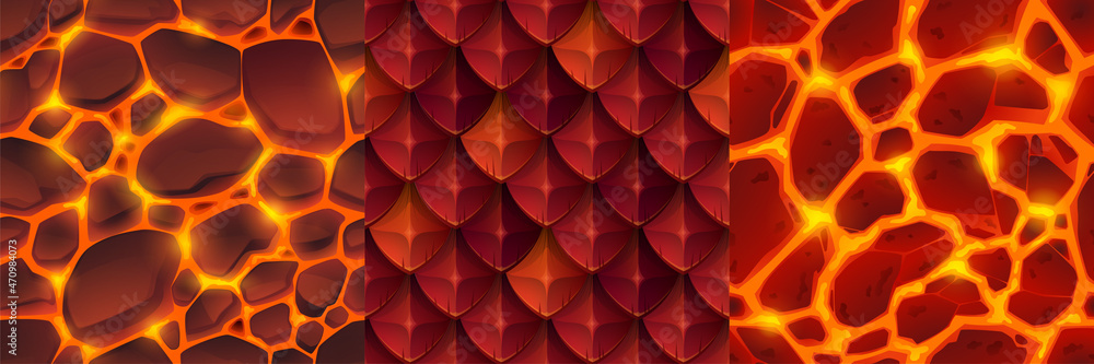 Poster textures of dragon skin and lava with stones for game background. vector cartoon seamless patterns o