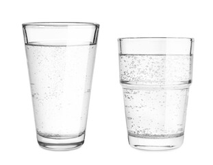 Glasses of soda water on white background, collage