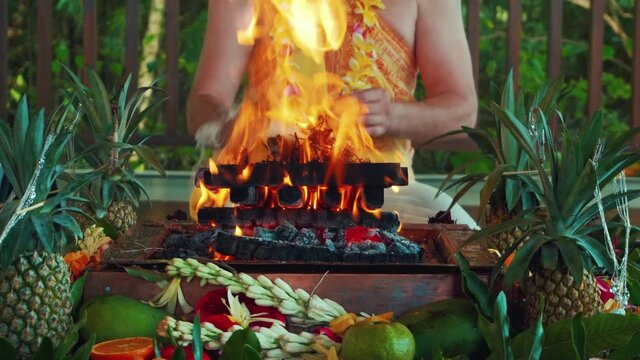 Flowers and fruits for offering at the Yagya fire ceremony hindu