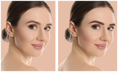 Beautiful young woman before and after permanent makeup on pink background, collage - obrazy, fototapety, plakaty
