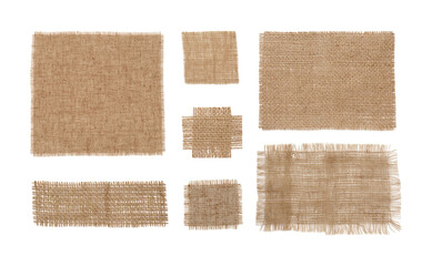 Fototapeta na wymiar Set with pieces of natural burlap fabric on white background, top view