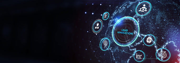 Business, technology, internet and networking concept. Young entrepreneur showing keyword: Lead generation. 3d illustration