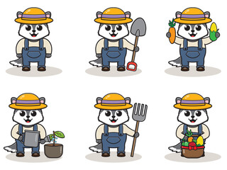 Vector illustration of Wolf farmer cartoon. Cute farmer character design with straw hat. Character flat design. isolated on white.