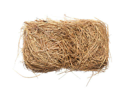 Small dried hay bale on white background, top view