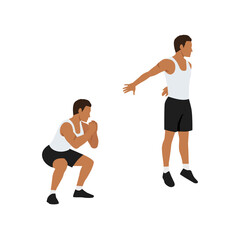 Fototapeta na wymiar Man doing Explosive squat exercise. Flat vector illustration isolated on white background