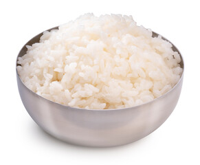 Rice in Korean rice bowl isolated on white background, Cooked Korean rice in a metal bowl on white background, With clipping path.