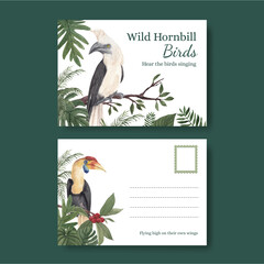 Postcard template with hornbill bird concept,watercolor style