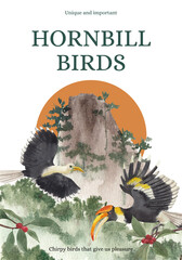 Poster template with hornbill bird concept,watercolor style