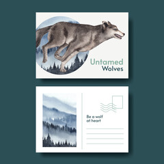 Postcard template with wolf in winter concept,watercolor style