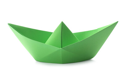 Naklejka premium Handmade green paper boat isolated on white. Origami art