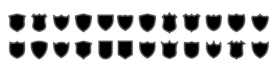 Shield icons set. Protect shield sign. Collection of security shield icons with contours and linear signs. Design elements for concept of safety and protection. - obrazy, fototapety, plakaty