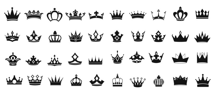 Crown icons set. King crown symbol collection. Design elements for use in logos, emblems, badges. King and Queen crowns collection.