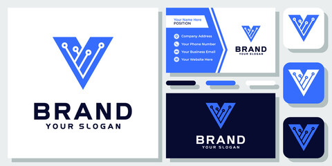 Initial Letter V Technology Digital Connection Main board Modern Logo Design with Business Card Template
