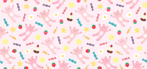 Seamless pattern with cute bears, candies and cupcakes.
Design for banner, poster, card, invitation and scrapbook.
