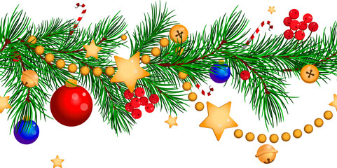 ?hristmas  seamless pattern with  fir branches, candy canes and golden garland