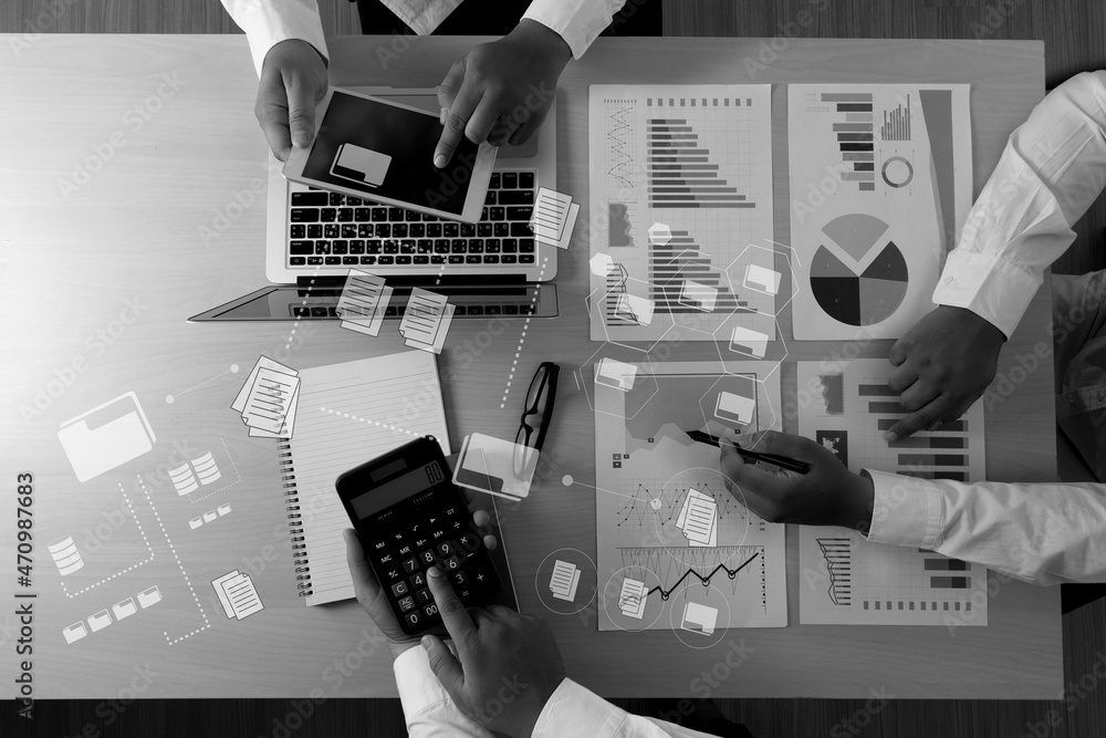 Poster businessman manage files documentation working modern computer document management system transfer f