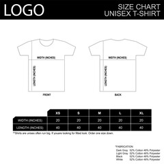 T-shirts size guide of unisex short sleeve sizing chart Table size Front and back views Vector illustration. - obrazy, fototapety, plakaty