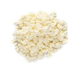 Pile of delicious fresh cottage cheese on white background, top view