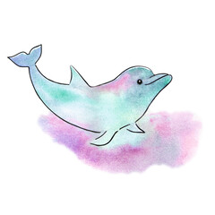 Dolphin watercolor, marine mammal drawing, aquatic inhabitant, lying on the surface, tame dolphin, art illustration, multicolor drawing, clothing print, wild animal
