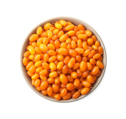 Fresh ripe sea buckthorn berries in bowl on white background, top view