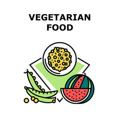 Vegetarian Food Vector Icon Concept. Bio Vitamin Watermelon, Natural Peas And Porridge Freshness Dietary Vegetarian Food. Vegetable, Fruit, Berry And Dish Nutrition Color Illustration
