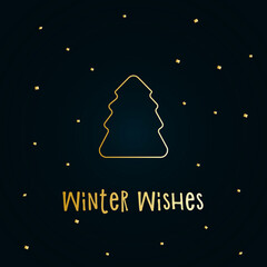 Golden silhouette of a Christmas tree with snow on a dark blue background. Merry Christmas and Happy New Year 2022. Vector illustration. Winter Wishes.