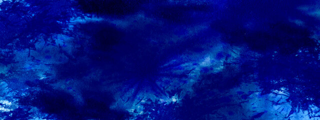 Fototapeta na wymiar Light blue neon watercolor on deep dark paper background. Thunder storm lightning night sky texture multicolor water color paint illustration. 