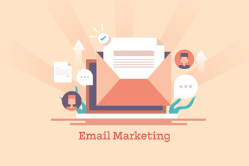 Cartoon style concept of Email marketing, newsletter campaign, modern business strategy, digital communication technology, web banner template.