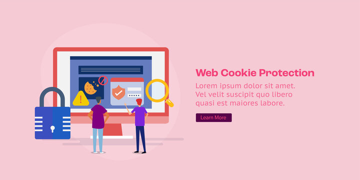 Cookie Tracking Protection, Secure Web Browsing, People Using Secure Website, Data Protection And Privacy Safety Technology Communication Concept. Web Banner Template Banner.