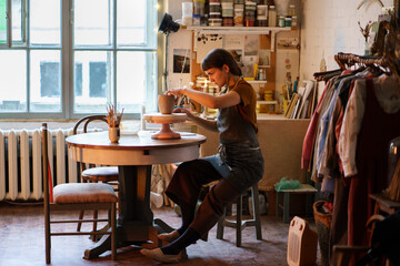 Creative ceramist molding clay vase sitting at table wearing dirty apron during master class in studio. Young businesswoman, pottery studio owner making handmade ceramics for holiday sale in workshop