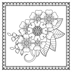 Mehndi flower for henna, mehndi, tattoo, decoration. Decorative ornament in ethnic oriental style, doodle ornament, outline hand draw. Coloring book page.