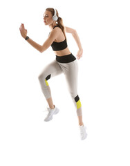 Sporty running woman on white background