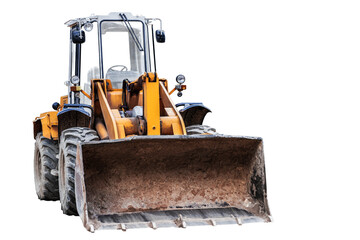 Heavy front loader on a white isolated background. Construction machinery. Transportation and movement of bulk materials.