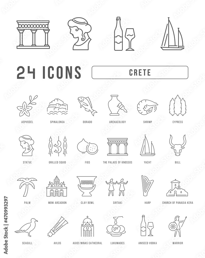 Poster set of linear icons of crete