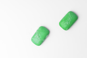 Top view of soap bars flat lay on white background