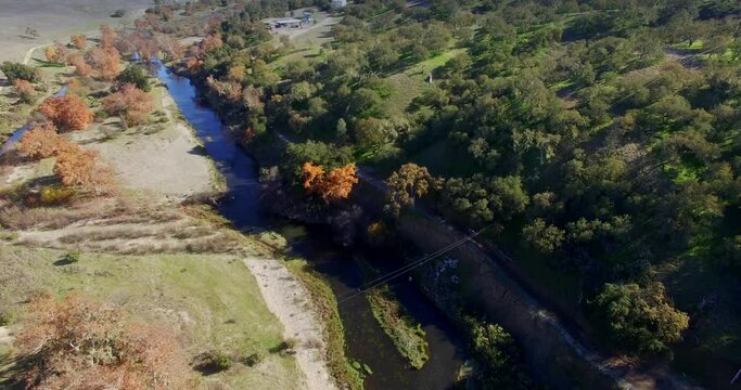 Aerial over trees and ranches in pasa roble california