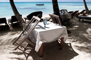 Restaurant by the sea. Vacation on the Caribbean coast on the Island of Saona.