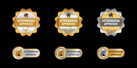 Veterinarian Approved Label, Stamp, Badge, or Logo. With paw and check symbol. On platinum, gold, and silver colors. Premium and luxury emblem vector
