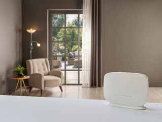 Close up white modem on the table and decorative living room background style.