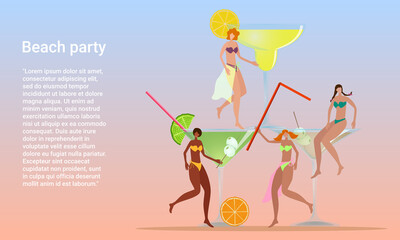 Beach party.People are relaxing and enjoying themselves on a summer beach.The concept of rest, travel and vacation.Poster in business style.Flat vector illustration.